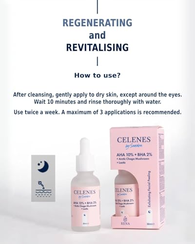 Celenes by Sweden AHA 8% + BHA 2% + Champiñón Chaga Ártico y Ácido Láctico Serum - Sin Fragancia, Alcohol, Parabenos para Piel Propensa al Acné - Exfoliante y Reafirmante, Peeling Nocturno, 30ml - imagen 6