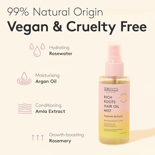 Delhicious 5-in-1 Leave in Conditioner Spray, Ayurvedic Hair Oil, Hair Mist - Rich Roots Amla Hair Oil, Argan Oil, Rosemary Oil for Hair - Detangler Spray, Anti Frizz Hair Products - Vegan - 75ml - Image 4