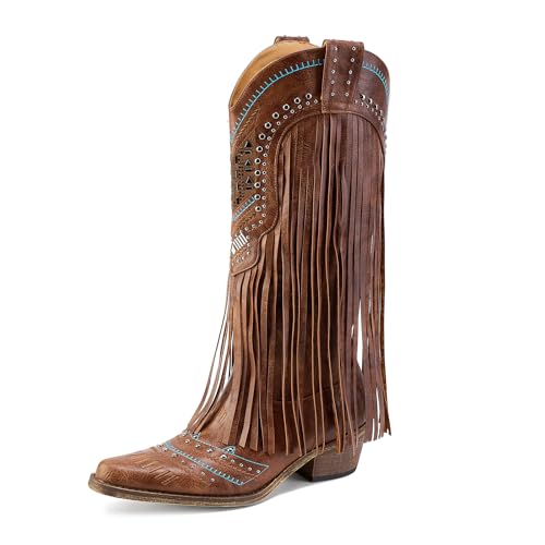 Fringe Cowboy Boots for Women Wide Calf Embroidered Tassal Cowgirl Boot Knee High Snip Toe Pull On Western Shoes