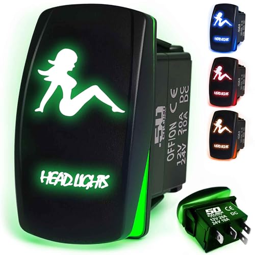 Waterproof Rocker Switch ON/Off LED Backlit with Etched Design w/Toggle Switch 12v - Head Lights- UTV Auto Boat 20A Variation (Green Headlights)