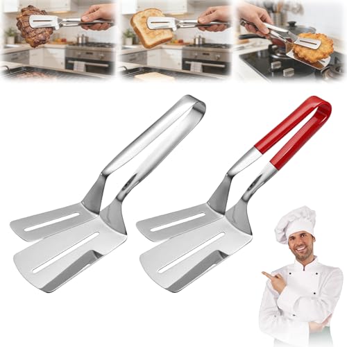 2PCS Mix Stainless Steel Grill Clamp Spatula Multi-Functional Anti-Scald Extended Handle Spatula Tong Barbecue Clamp Food with Non-Slip for Picking Up Food Grilling Meat Fish and Pancakes