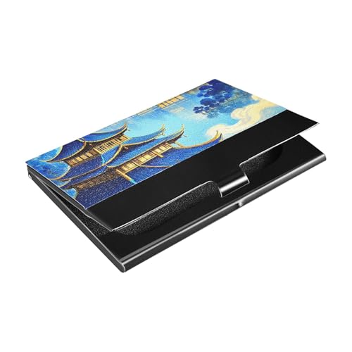 KLL Blue and Gold Chinese Landscape Slim Business Card Holder case with Leather & Stainless Steel Card Holder case for Travel Home or Office Use tarjetero para Hombres