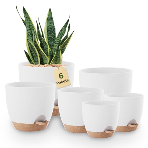 Bamworld Blumentöpfe 6 Set Selbstbewässernd Weis 12.7cm/14cm/15.2cm/16.5cm/17.8cm/20.3cm Blumentopf Pflanzentopf mit Untersetzer,Anzuchttöpfe,Zimmerpflanzen,Fensterbank deko