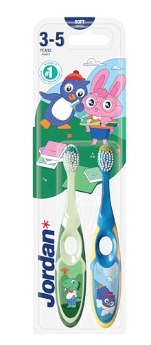 Jordan ® | Step 2 | Cepillo de dientes para niños de 3 a 5 años | Cerdas blandas, mango doble ergonómico y libre de BPA | Color azul | Pack 2 unidades