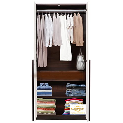 Image of CASPIAN Furniture 2 Door Wardrobe with Shelves, Drawer, Hanging Space and Mirror Attached | Wooden Wardrobe for Bedroom Storage (Walnut, Width 30 Inches)