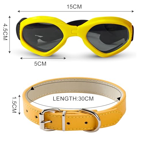 BSITSSS Hundebrille für Kleine Hunde, Hunde Sonnenbrille UV Schutzbrille, Augenschutz, Winddicht Hundesonnenbrille mit Verstellbaren zum Autofahren/Outdoor-Aktivitäten, Gelb