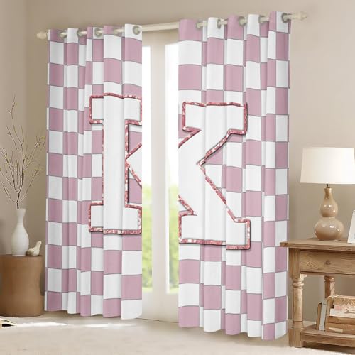 Image of Erosebridal Pink Initial K Window Drapes Kawaii Plaid Checkered Blackout Curtains 42 inchWx84 inchL Cute Personalized Monogram Curtains for Kids Girls Bedroom,Fashion Grids Gingham Window Treatments 2 Panels