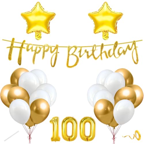 Image of Flyloons 100th Happy Birthday Decoration Kit Gold White for Boys Girls Men Women Adults With 20 Pcs Chrome Balloons Birthday Banner 2 Pcs Star Items Set Golden