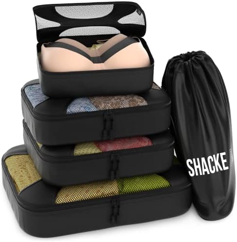 Shacke Pak - 5 Set Packing Cubes - Travel Organizers with Laundry Bag (Pure Black)