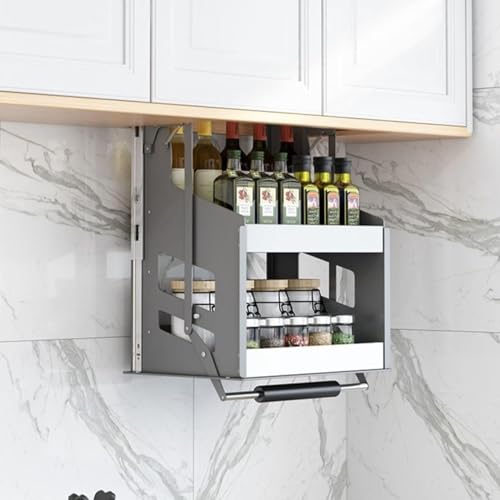 ZXFNVXC 2 Tier Pull Down Kitchen Shelf,Home Wall Cabinet Storage Lifting Basket,30kg Weight-Bearing Stainless Steel Storage Rack for Seasoning Bottles,for Kitchen,Bedroom,Home Storage,86x30x52cm