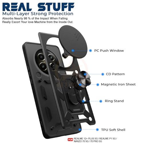 Image of Armor Bumper Back Cover Case for Realme 12 Plus / P1 5G / Narzo 70 /70 Pro Rotating Camera Cover, Ring Holder & Kickstand | Heavy Duty & 360 Degree Protection Back Cover (Black)