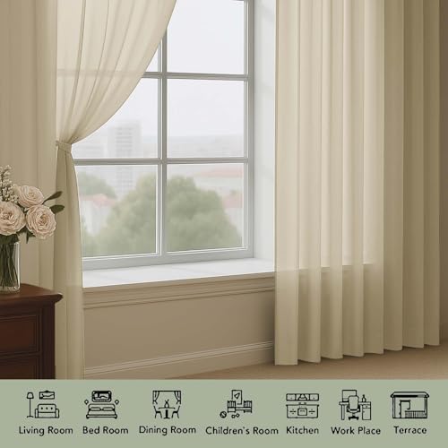 Image of OWENIE Extra Long Taupe Sheer Curtains 96 Inches Long 2 Panels Set, Soft Lightweight Airy Voile Sheer Curtain for Bedroom Living Room, Rod Pocket Solid Color Farmhouse Curtains, 59 inch Wx96 L Inch
