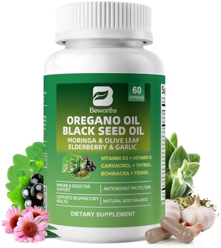 Oil of Oregano with Black Seed Oil – Oregano Oil Capsules | Moringa, Elderberry, Echinacea, Garlic, Fennel – Carvacrol Oregano Oil for Immune, Gut, Antioxidant, Respiratory Support – 60 Ct