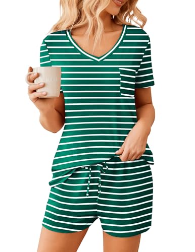 Image of Ekouaer Womens Pajama Sets Short Sleeve Pajamas for Women Sets Soft Lounge Sets Casual V Neck Sleepwear PJS
