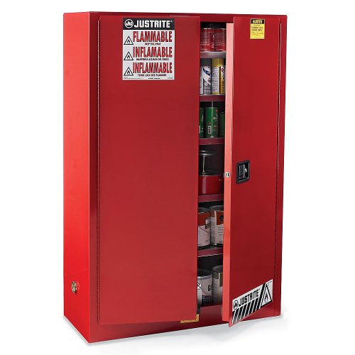 Image of Justrite 96 Gallon Manual Close Paint and Ink Safety Cabinet, 18 Gauge Steel, 5 Shelves, 34 inch x 65 inch x 34 inch, 2 Door Combustibles Cabinet, Made in The USA, Yellow, 896010