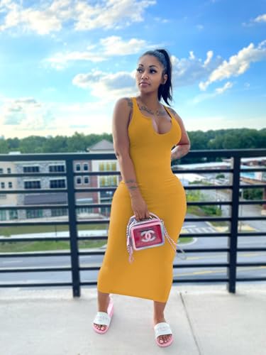 Image of Nimsruc Women Casual Sexy Deep U Neck Tank Top Bodycon Dress Summer Sleeveless Wrap Long Basic Party Club Maxi Dresses