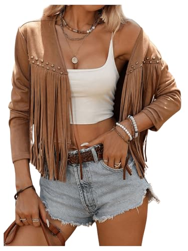Floerns Women's Western Long Sleeve Tassel Trim Cardigan Open Front Concert Jacket Coat