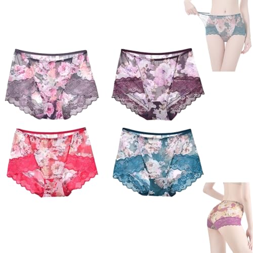 Calzoncillo de Satén con Estampado Floral para Mujer Bragas de Encaje de Malla Impresa Bragas sin Costuras de Satén y Seda Helada de Lujo (Grande, B)