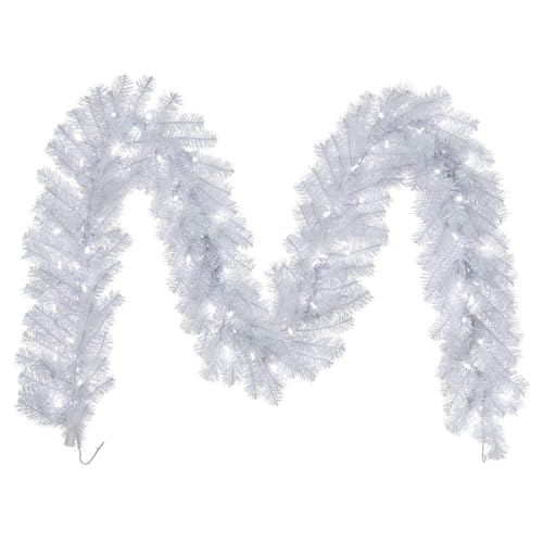 Vickerman 9' Crystal White Spruce Artificial Christmas Garland, Warm White LED Mini Lights - Faux Spruce Christmas Garland - Seasonal Indoor Home Decor