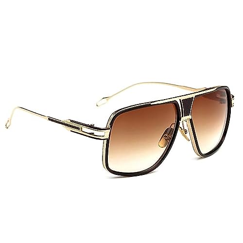 Street Knitted Oversize Classic Cool Vintage Brown Tint Square Sunglasses for Men Shades Large Pilot Stylish Trendy Goggle Retro Aviator Gold Alloy Frame Sun Glasses