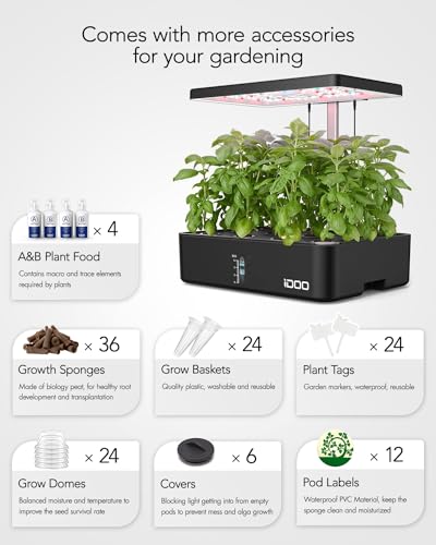 iDOO Hydroponics Growing System Kit 12Pods, Christmas Gifts for Women Mom, Herb Garden Indoor with LED Grow Light for Home, Built-in Fan, Auto-Timer, Adjustable Height Up to 11.3", 12Pods Kit-Black