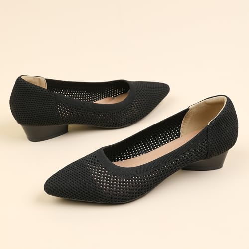 Women's Knit Pointed Toe Low Chunky Heel Pumps Fashion Mesh Hollow Shallow Mouth Slip On Low Heel Ballet Shoes Comfortable Breathable Casual Office Wedding Formal Dress Shoes4