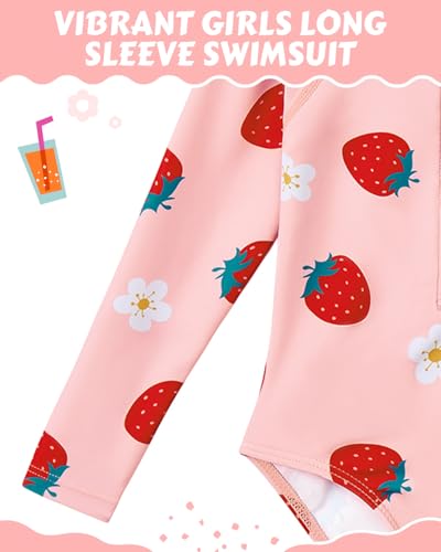 Image of Century Star UPF 50+ Girls Long Sleeve Swimsuit - Rash Guard Swimsuit Toddler Kids Teen One Piece Bathing Suit Zip 2-15Y