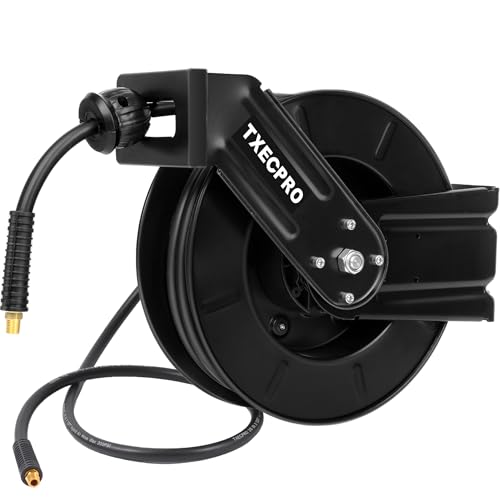 Retractable Air Hose Reel, 3/8 IN x 50 FT Hybrid Air Hose Max 300 PSI, Air compressor hose reel with 5 ft Lead in, Ceiling/Wall Mounted air hose reel,Heavy Duty air tool