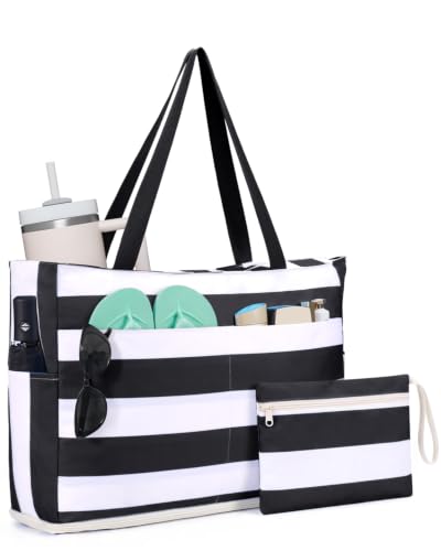 Image of WANDF Beach Bags for Women, Large Waterproof Sandproof Beach Tote Bag with Zipper Family Pool Bags with 40oz Tumbler Pocket, Swim Cruise Vacation Essentials (Black)