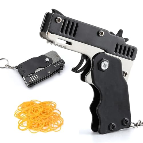 XPEX Schwarz Mini-Gummibandpistole Aus Metall Klappbar Mit Schlüsselanhänger Und 60+ Gummibändern Für Outdoor-Aktivitäten Für Kinder