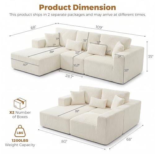 Image of 108 inch Boneless Couch for Living Room, L Shaped Modular Sectional Sofa