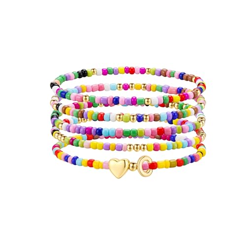 Image of M MOOHAM Gifts for Girls Kids - 5PCS Colorful Beaded Initial Bracelets for Girls, Cute Stretch Heart Letter Bracelet Initial Bracelet Jewelry for Kids Birthday Gifts for Girl