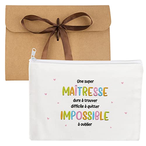 GEBETTER Regalo Francés Profesora Infantil, Neceser Lona Blanco Doble Cara + sobre Papel Kraft, Bolsa Estuche Bolso, Regalo Maestra Primaria Agradecimiento Graduación Escuela Jardín Infancia Navidad
