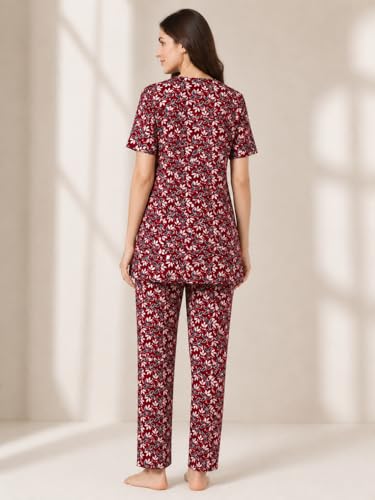 Image of KIAWAH Women Printed Night Suit Set, Cotton Blend Night Suit, A-Line Top and Pajama Set, Soft and Breathable Night Wear