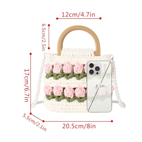 Women's Handbag Yarn Crochet Top Handle Purse Cute Tulip Handmade Beaded Crossbody Shoulder2