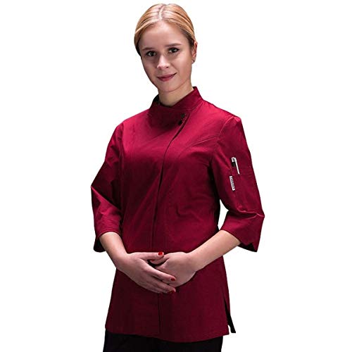 Women's Chef-Coat 3/4 Sleeve Concealed Snap Chef Work Uniform Chef Jacket-Wine
