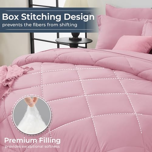 HEVUMYI Pink Full Comforter Set - 7-Piece All Season Bed in a Bag Full, Ultra Soft Bedding Set with Comforter, Flat Sheet, Fitted Sheet, Pillowcases, Pillow Shams, Pink
