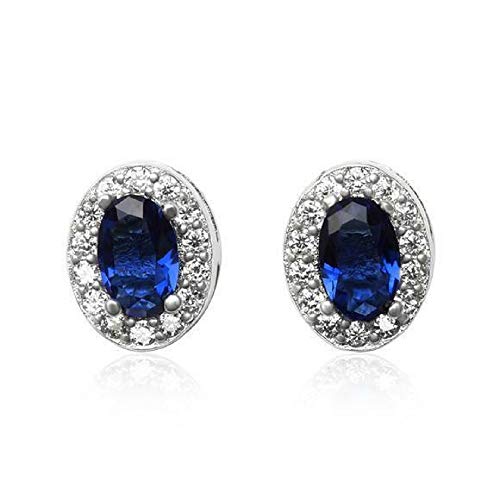 14K White Gold Plated 925 Sterling Silver Oval Cut Created Blue Sapphire Halo Stud Earrings For Women's Girl's