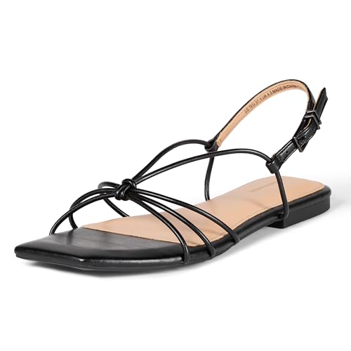 Amazon Essentials Damen Strappy Flat Sandals, Schwarzes Kunstleder, 38 EU