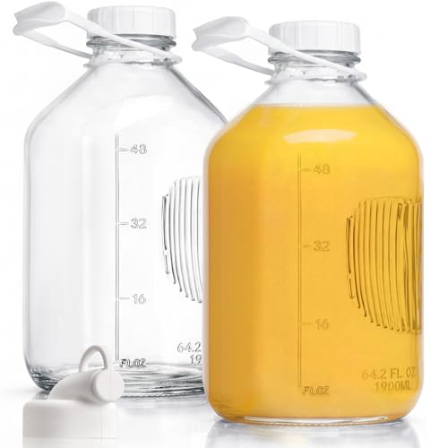Image of CUCUMI 2 Pack 64 Oz Glass Milk Bottle with Reusable Strong Airtight Screw Lid, 2 Qt Glass Juice Bottles for Almond Milk