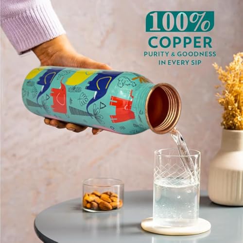 Image of Copper Water Bottle 1 Ltr | Copper Water Bottle with Glass Set | Meena Work | 100% Pure | Leak-Proof | 2 Water Glass 300ml each | Best for Gifting ((Seafoam Blue Design))