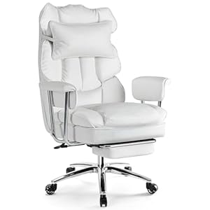 Sweetcrispy Executive Home Office Desk Chair – Ergonomic Big Tall High Back with Footrest & Lumbar Support, Reclining Height Adjustable, Comfy PU Leather Computer Gaming with Swivel Wheels, White