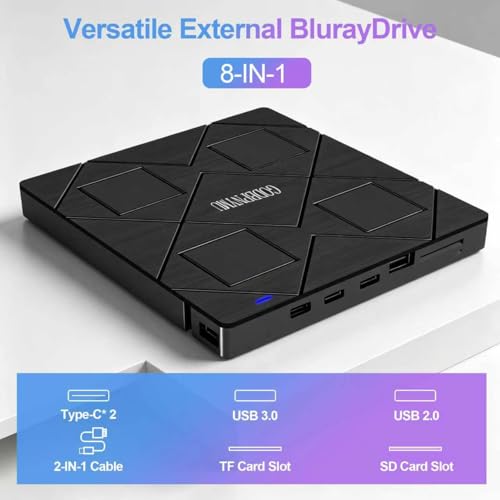 Image of External blu ray Drive,8-in-1External blueray /DVD Drive for pc, Featuring USB*2 /C*2,TF /SD Card Reader blu ray Burner,Compatible with Windows 11 /10 / 8 /7 /,Mac os. Comes with 1+4 Storage Bag