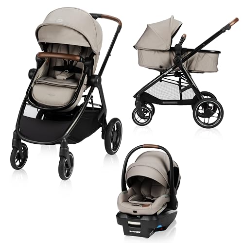 Maxi-Cosi New Generation Zelia Luxe 5-in-1 Modular Travel System, Carriage Mode, Reversible Toddler Seat, Mico Infant Car Seat (included), Enhanced All-Terrain Wheels, Use from Birth – New Hope Tan
