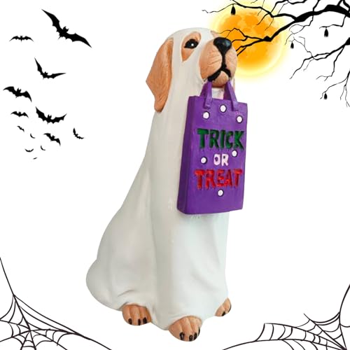 Uozonit - Figura decorativa Golden Retriever de Halloween con bolsa de Halloween para perro fantasma para Halloween, decoración interior y exterior, escena aterradora