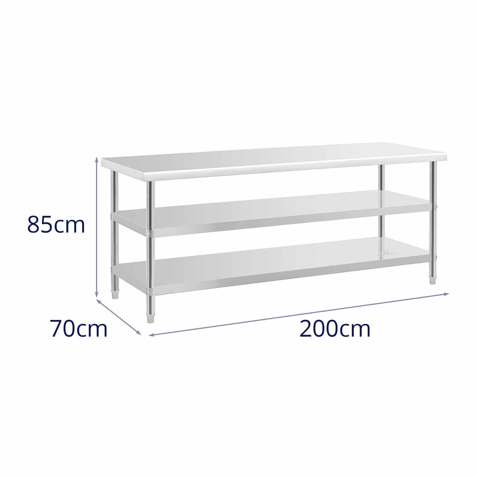 Royal Catering RCAT-200/70-PS3SH - Tavolo in acciaio INOX, 200 x 70 cm, 500 kg, 2 ripiani in acciaio inox