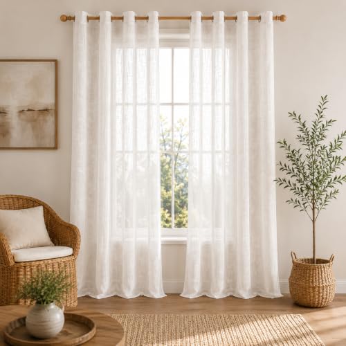Image of LINENWALAS Aesthetic Sheer Curtains 9 Feet Long Set of 2, Poly Linen Shrink & Fade Proof Drapes for Long Door, Semi Transparent Modern Panels with Grommet Hanging for Living Room (White /9 Feet)