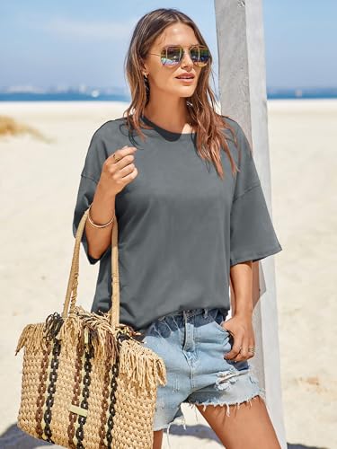 Image of Tankaneo Womens Oversized Tshirts Summer Casual Short Sleeve Crew Neck T Shirt Loose Fit Side Slit Tee Tops