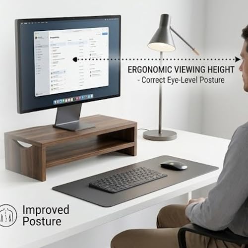 Image of Home Sparkle Monitor Stand Riser, 2 Tiers Laptop Computer Monitor Riser for PC Screen, iMac, Desktop Wooden Screen Monitor Stand Riser with Storage Organizer for Home Office