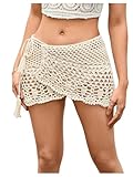 SHENHE Women's Hollow Out Sheer Crochet Wrap Skirt Scalloped Sexy Boho Mini Skirt Beige Small